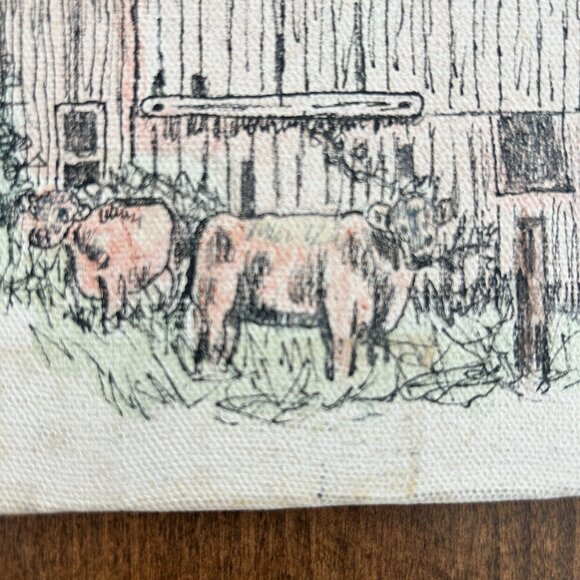 Vtg 1987 Original Ink & Watercolor Canvas Red Barn Cow Unframed Artist Signed - Picture 11 of 11
